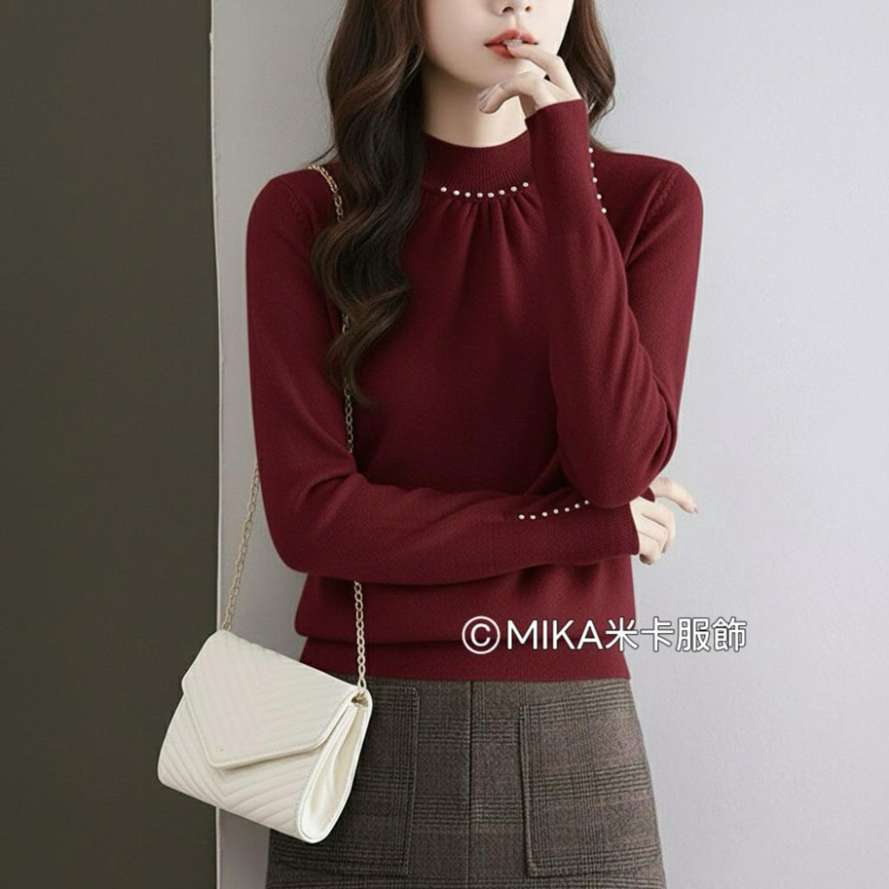《MIKA米卡服飾》現貨 高級釘珠針織衫 長袖上衣 針織 毛衣 針織毛衣 立領毛衣 半高領毛衣 素面 保暖 女裝-細節圖3