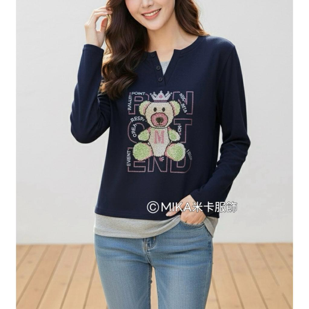 《MIKA米卡服飾》小熊假兩件磨毛T 假兩件 長袖上衣 磨毛T  t恤 韓版棉T 小熊棉T 棉T 女裝-細節圖3