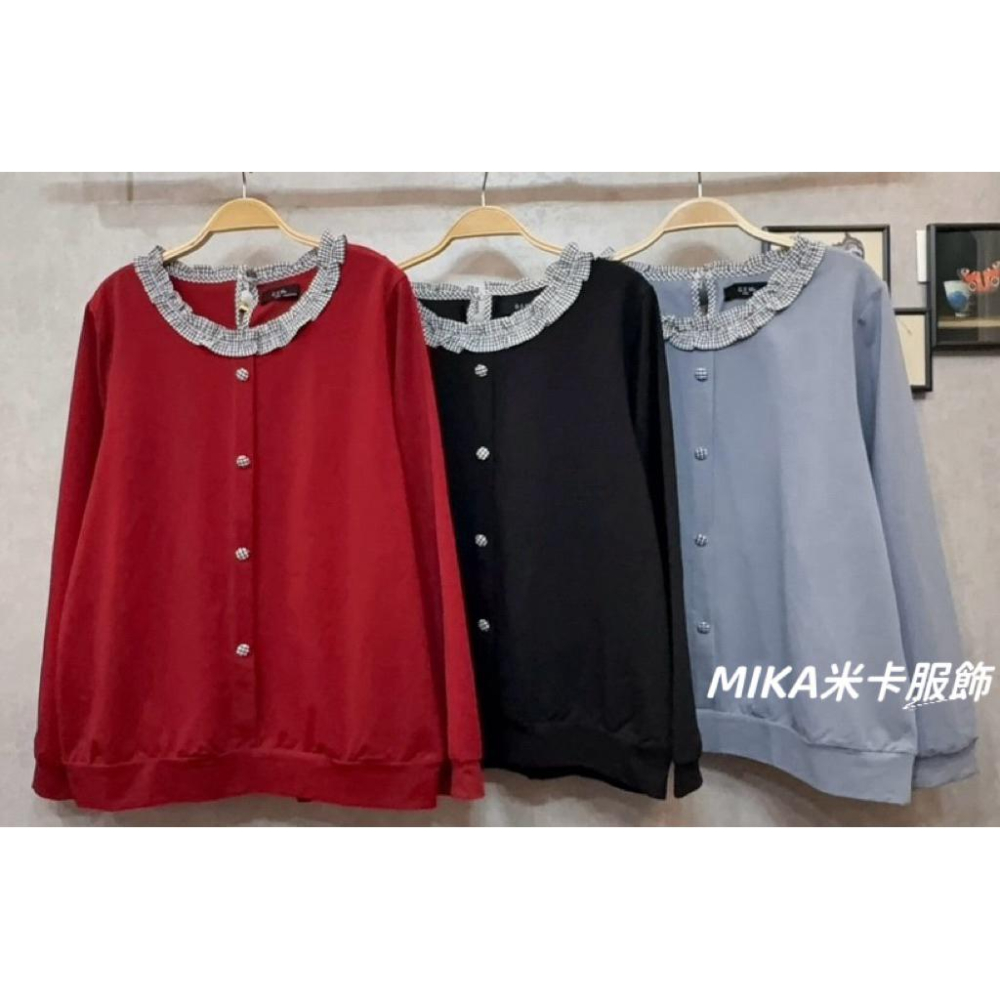 《MIKA米卡服飾》千鳥格荷葉配釦上衣 長袖上衣 長袖棉T 千鳥格上衣 格子花邊上衣 長袖T恤 棉T 長袖 女裝-細節圖4