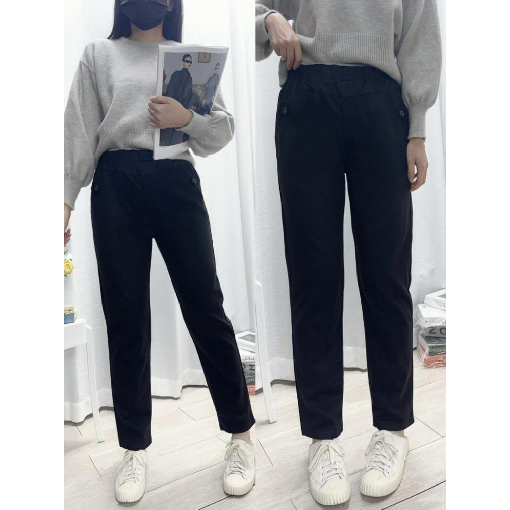 《MIKA米卡服飾》現貨 毛呢褲 腰配色休閒褲 顯瘦 長褲 黑褲 保暖褲 秋冬褲 工作褲 哈倫褲 老爺褲 老爹褲 女裝-細節圖5