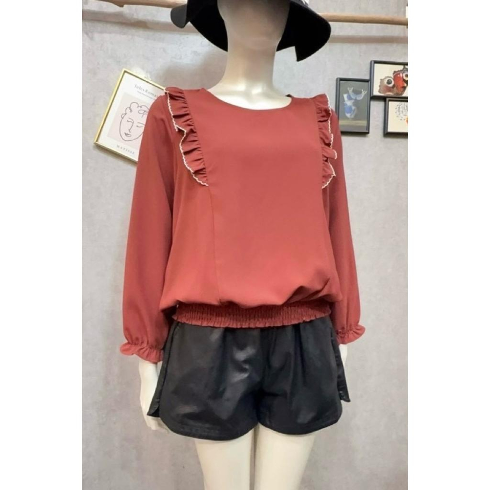 《MIKA米卡服飾》荷葉邊長袖上衣 長袖雪紡衫 雪紡 素面雪紡衫 素面 荷葉上衣 女裝-細節圖2