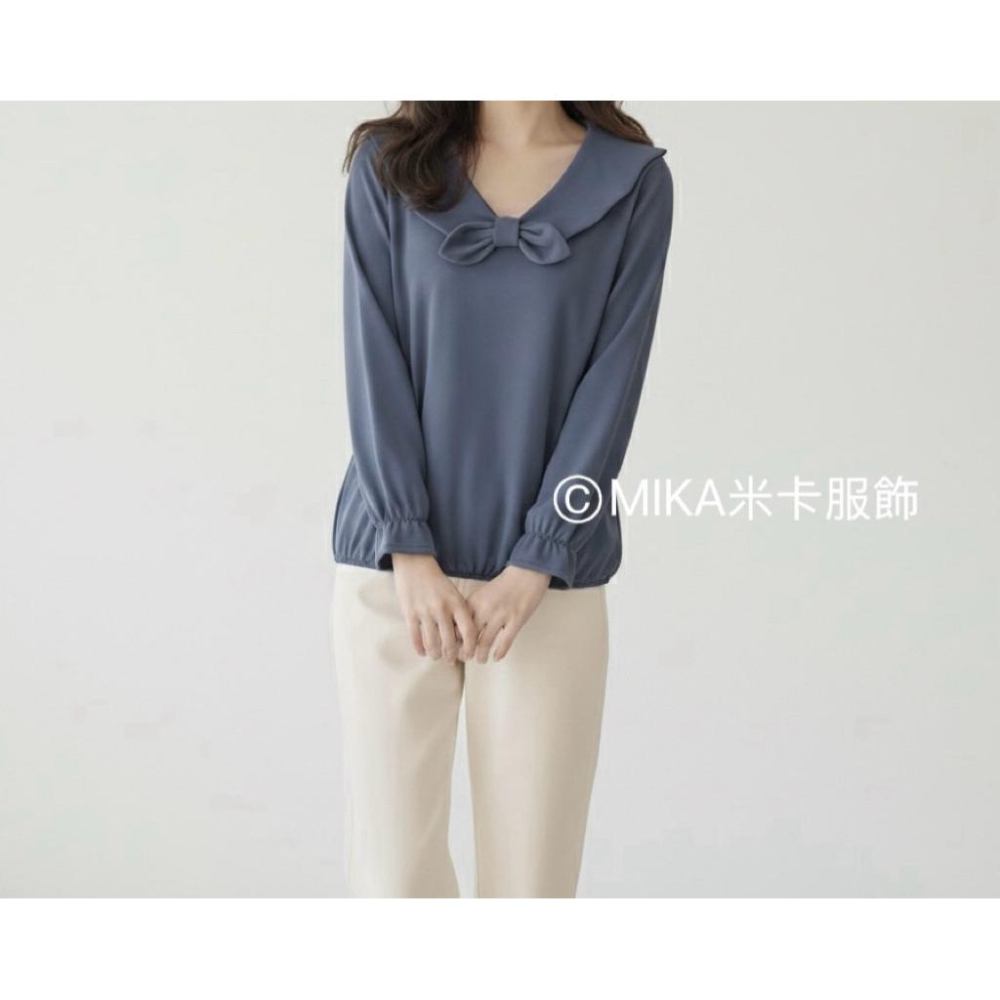 《MIKA米卡服飾》現貨 蝴蝶結荷葉領長袖上衣 長袖T恤 娃娃領 蝴蝶結棉T 荷葉領棉T 素T 棉T 素面 甜美 女裝-細節圖3