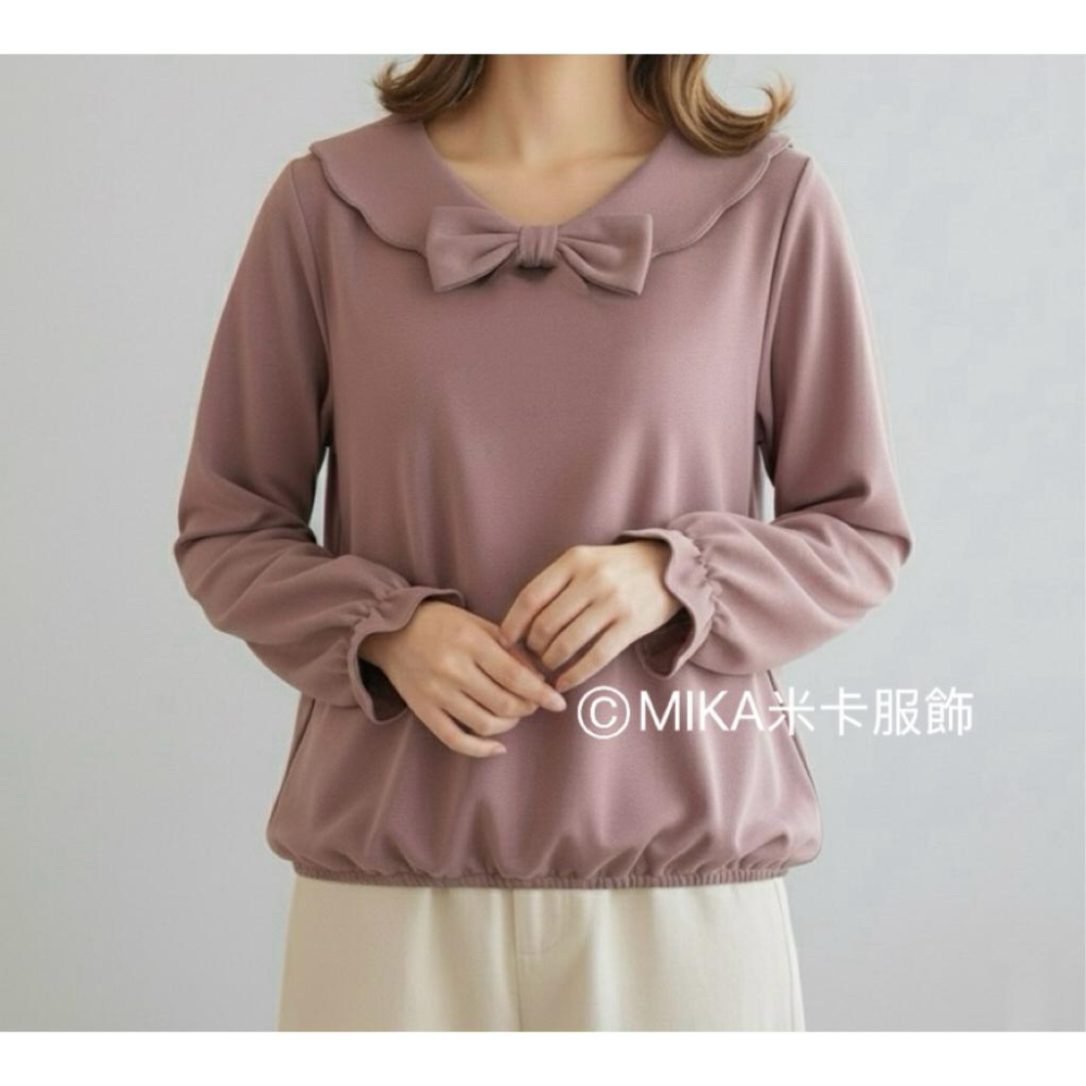 《MIKA米卡服飾》現貨 蝴蝶結荷葉領長袖上衣 長袖T恤 娃娃領 蝴蝶結棉T 荷葉領棉T 素T 棉T 素面 甜美 女裝-細節圖5