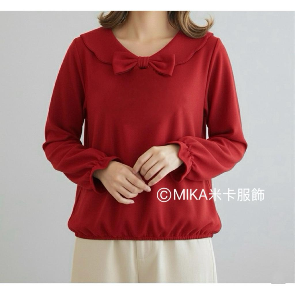 《MIKA米卡服飾》現貨 蝴蝶結荷葉領長袖上衣 長袖T恤 娃娃領 蝴蝶結棉T 荷葉領棉T 素T 棉T 素面 甜美 女裝-細節圖6