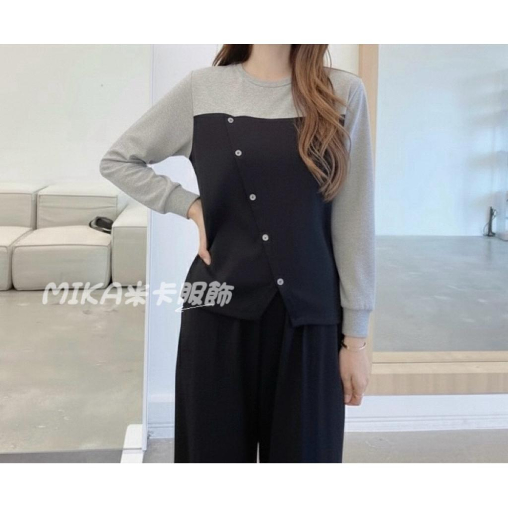 《MIKA米卡服飾》現貨 拼色長袖上衣 假兩件 長袖T恤 長袖 長袖上衣 設計感 棉T 素面 素色 素T 女裝-細節圖2