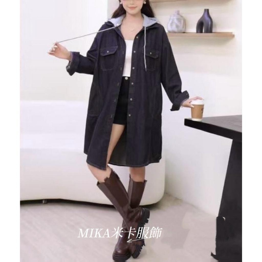 《MIKA米卡服飾》牛仔外套 牛仔長版連帽開釦外套 外套 丹寧 長袖 牛仔 長版 帽可拆 牛仔襯衫外套 牛仔洋裝 女裝-細節圖2