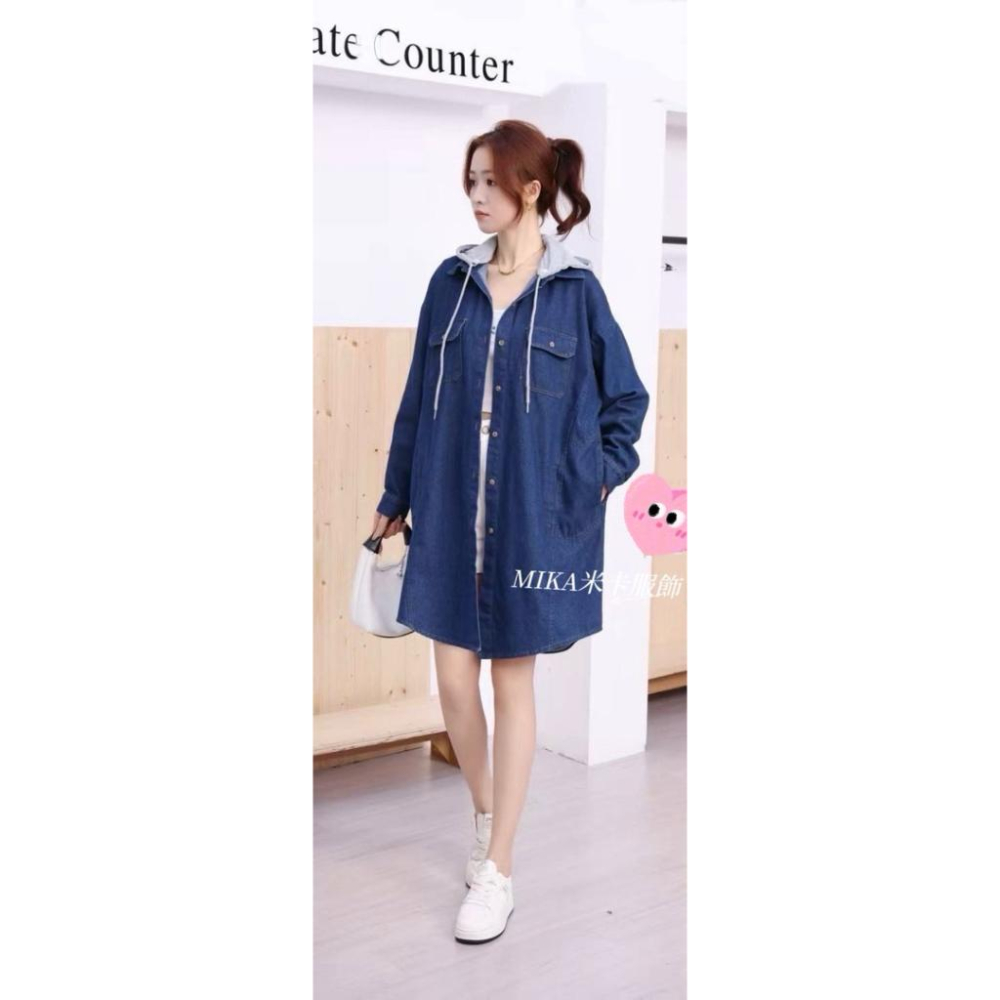 《MIKA米卡服飾》牛仔外套 牛仔長版連帽開釦外套 外套 丹寧 長袖 牛仔 長版 帽可拆 牛仔襯衫外套 牛仔洋裝 女裝-細節圖3