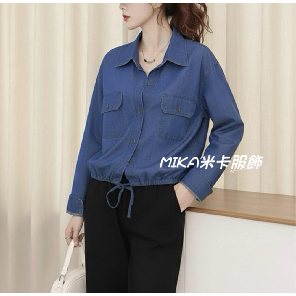 《MIKA米卡服飾》牛仔襯衫 長袖上衣  牛仔T恤  薄長袖 天絲牛仔 長袖牛仔襯衫 短版上衣 牛仔 襯衫 女裝 外套-細節圖3