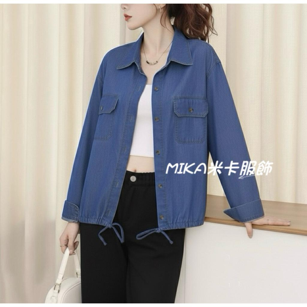 《MIKA米卡服飾》牛仔襯衫 長袖上衣  牛仔T恤  薄長袖 天絲牛仔 長袖牛仔襯衫 短版上衣 牛仔 襯衫 女裝 外套-細節圖4