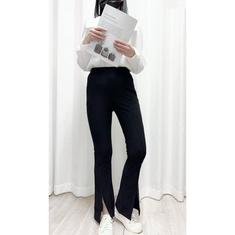 《MIKA米卡服飾》喇叭褲 工作褲 開衩褲 收腹褲 彈力褲 黑色長褲 顯瘦褲 學生褲 上班褲 女裝-細節圖2