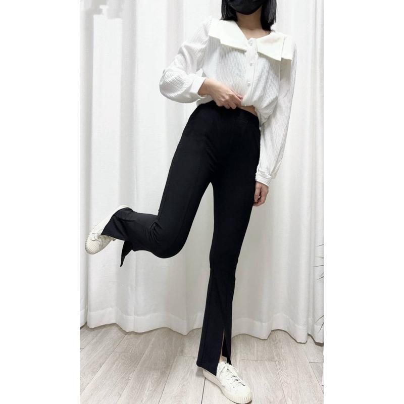 《MIKA米卡服飾》喇叭褲 工作褲 開衩褲 收腹褲 彈力褲 黑色長褲 顯瘦褲 學生褲 上班褲 女裝-細節圖3