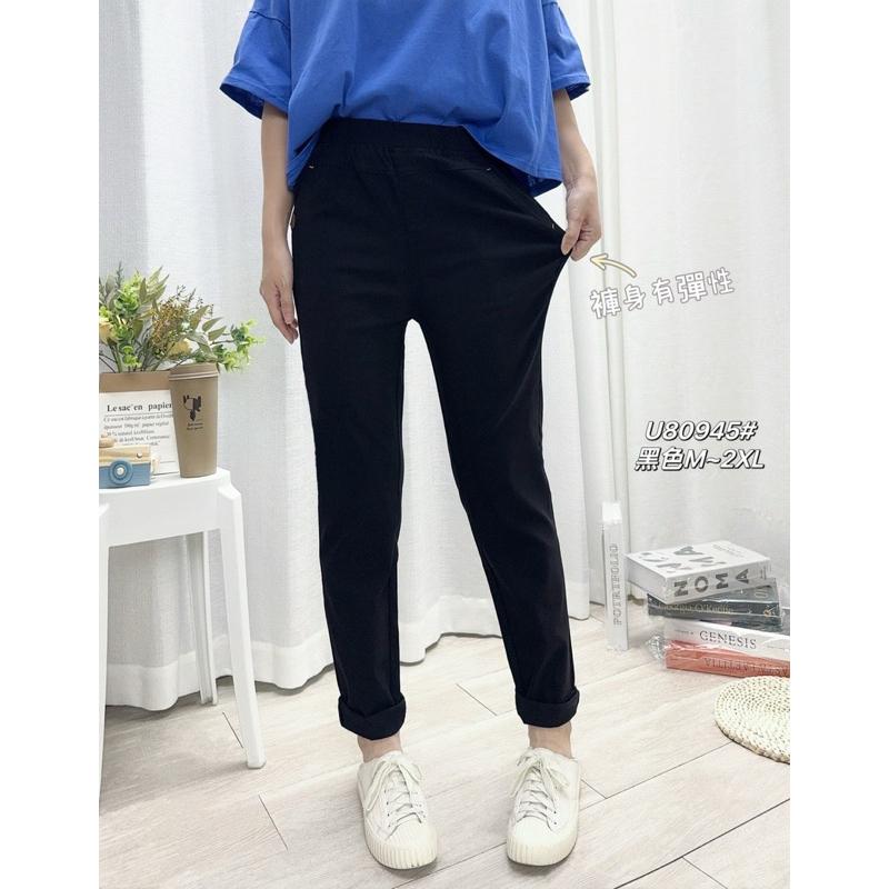 《MIKA米卡服飾》皮標彈力褲 休閒褲 工作褲 黑長褲 長褲 黑褲 女裝-細節圖8
