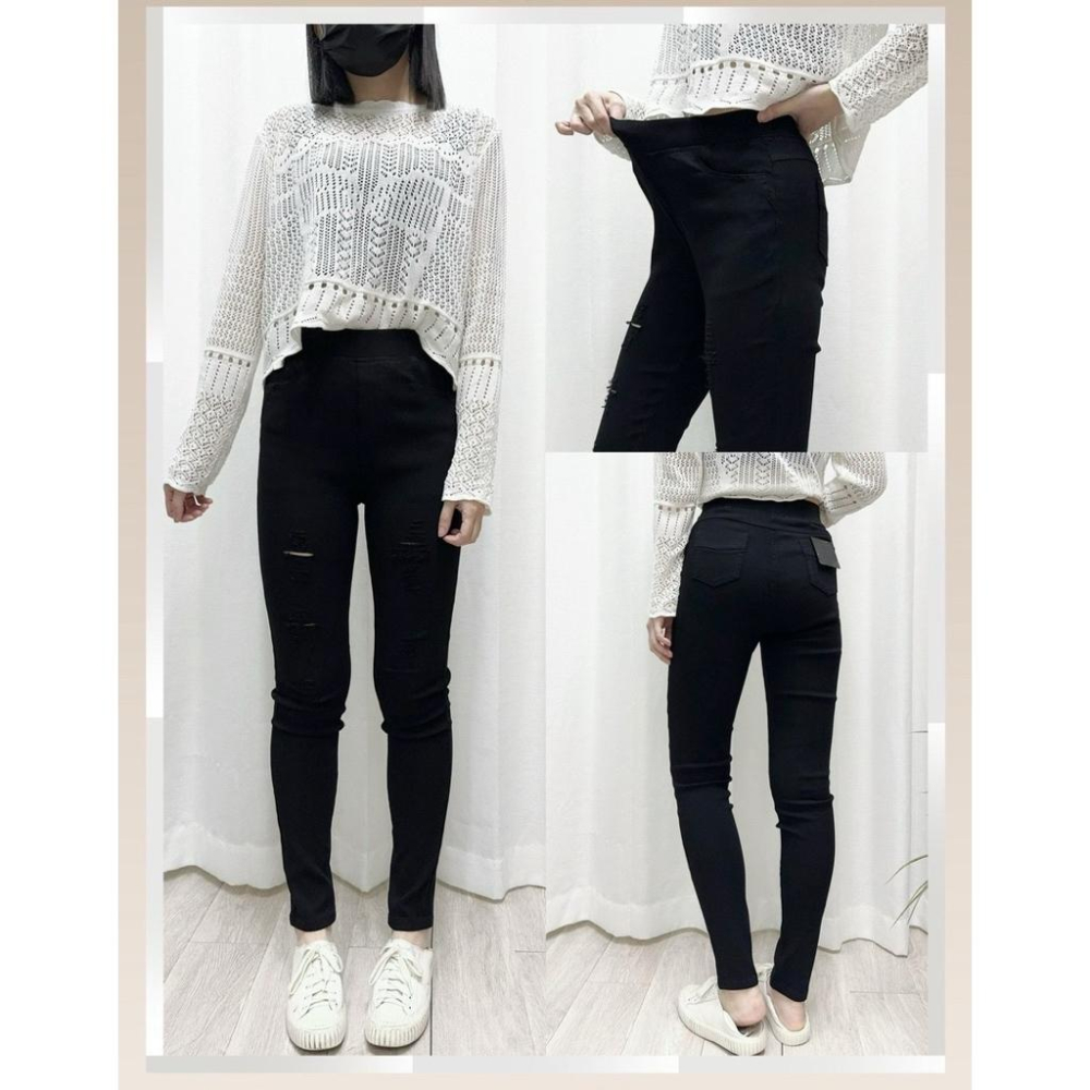 《MIKA米卡服飾》超彈力刷破褲 黑褲 長褲 窄管褲 合身褲 鉛筆褲 刷破褲 彈力褲 刷破 割破 破破褲 秋冬 女裝-細節圖2