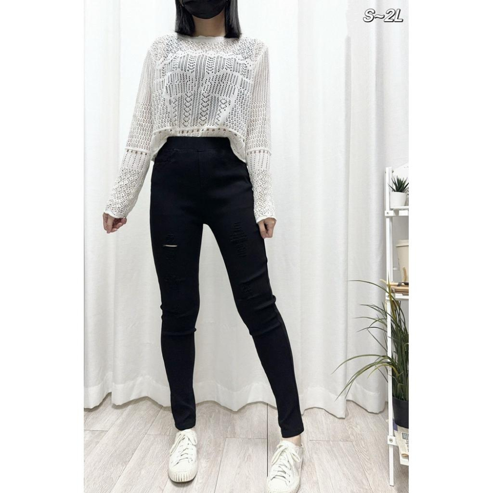 《MIKA米卡服飾》超彈力刷破褲 黑褲 長褲 窄管褲 合身褲 鉛筆褲 刷破褲 彈力褲 刷破 割破 破破褲 秋冬 女裝-細節圖3