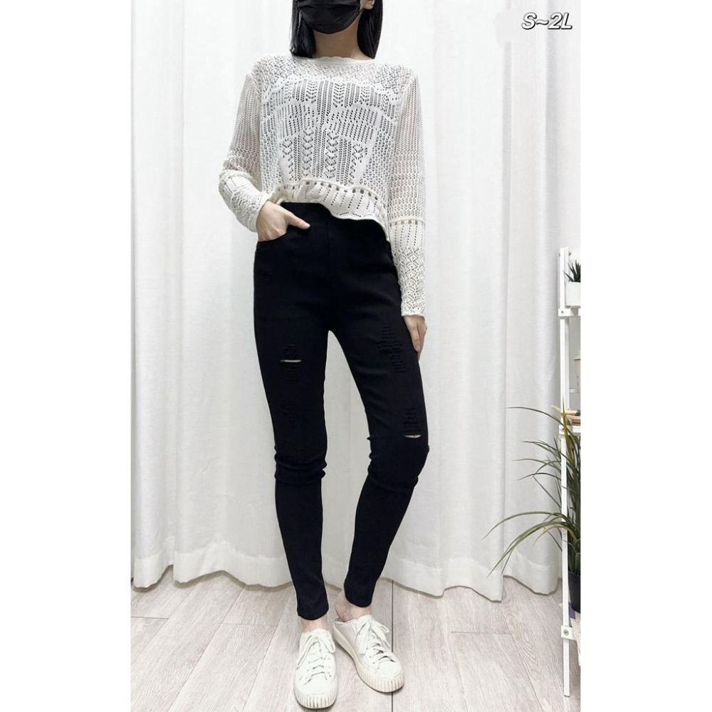 《MIKA米卡服飾》超彈力刷破褲 黑褲 長褲 窄管褲 合身褲 鉛筆褲 刷破褲 彈力褲 刷破 割破 破破褲 秋冬 女裝-細節圖4