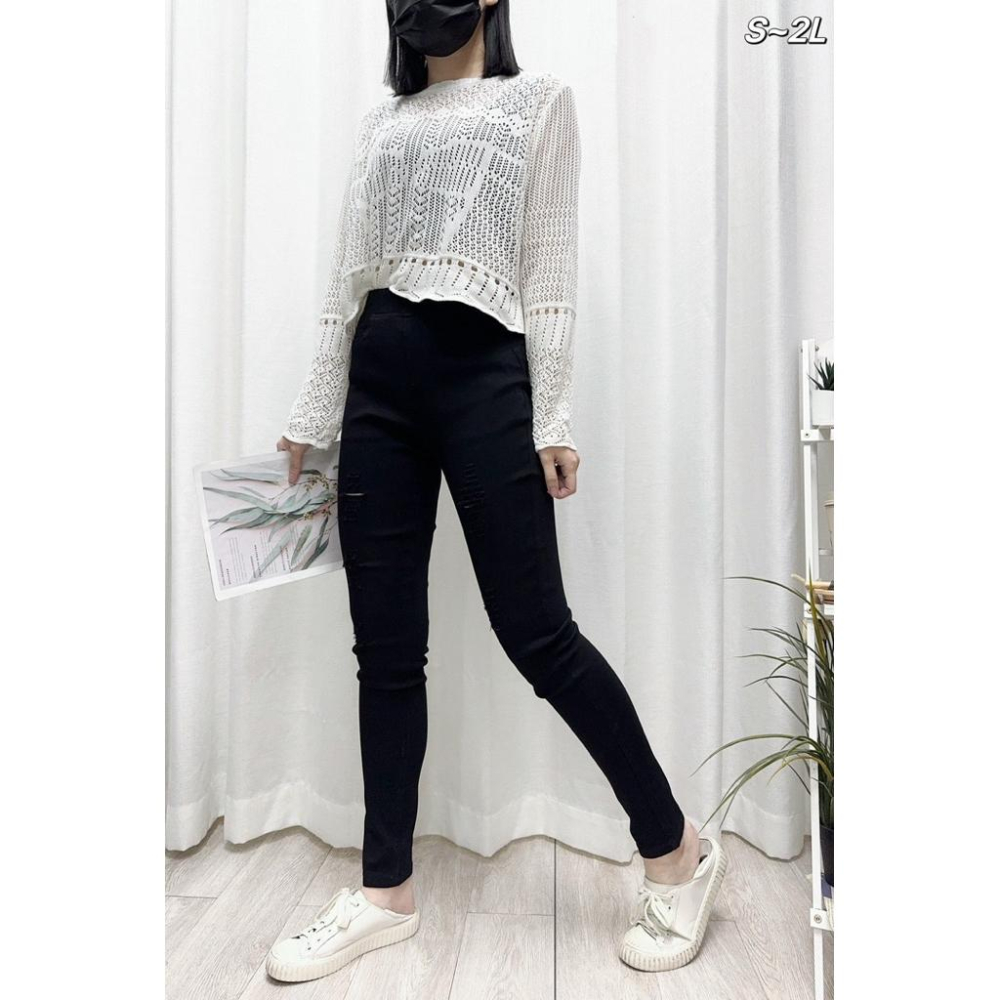 《MIKA米卡服飾》超彈力刷破褲 黑褲 長褲 窄管褲 合身褲 鉛筆褲 刷破褲 彈力褲 刷破 割破 破破褲 秋冬 女裝-細節圖5