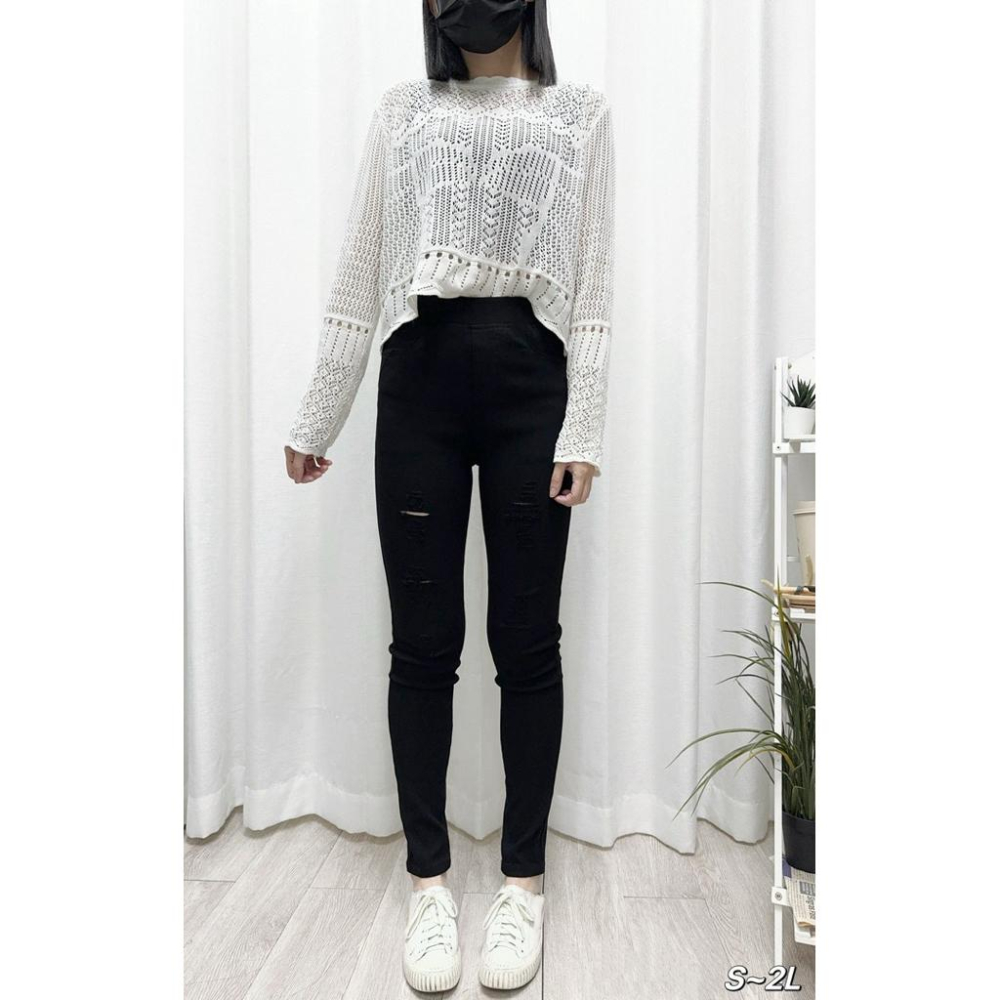 《MIKA米卡服飾》超彈力刷破褲 黑褲 長褲 窄管褲 合身褲 鉛筆褲 刷破褲 彈力褲 刷破 割破 破破褲 秋冬 女裝-細節圖6