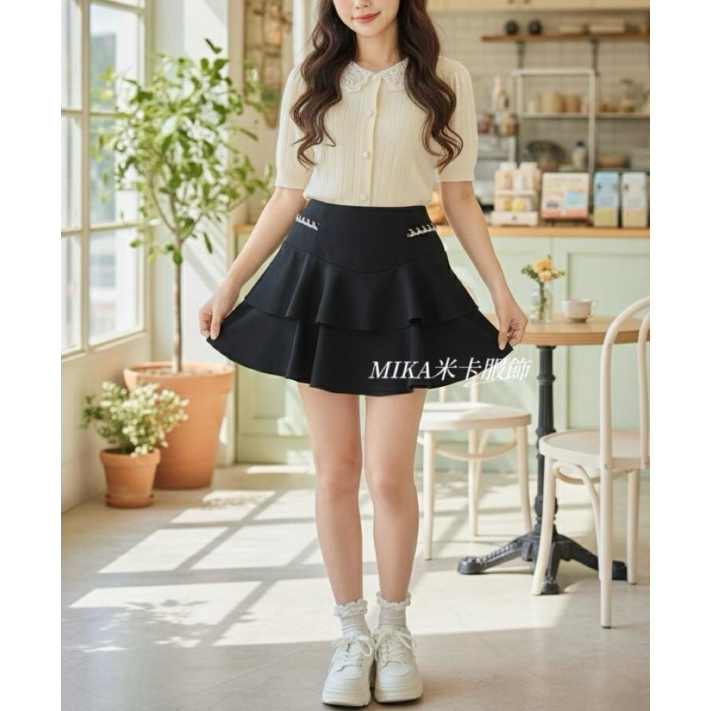 《MIKA米卡服飾》現貨 蛋糕裙 韓版褲裙 蛋糕褲裙 褲裙 裙褲 短裙 顯瘦褲裙 彈力褲裙 黑色褲裙 黑裙 短褲裙 女裝-細節圖2