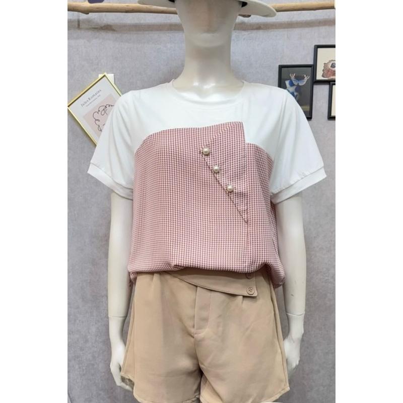 《MIKA米卡服飾》現貨 千鳥格拼接棉T 假兩件 千鳥格上衣 假兩件上衣 短袖t恤 格子上衣 棉T 薄雪紡 女裝-細節圖2