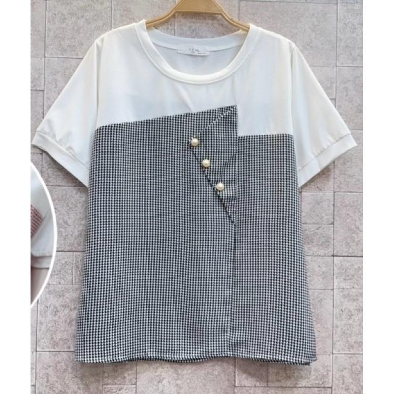 《MIKA米卡服飾》現貨 千鳥格拼接棉T 假兩件 千鳥格上衣 假兩件上衣 短袖t恤 格子上衣 棉T 薄雪紡 女裝-細節圖4