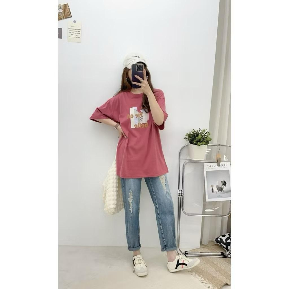 《MIKA米卡服飾》現貨 幾何圖T 長版T 韓版棉T 寬鬆舒服 短袖T恤 短袖上衣 短袖棉T 棉T 長版棉T 女裝 夏季-細節圖2