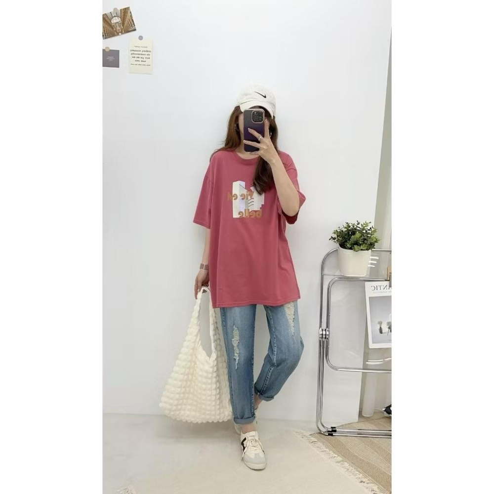 《MIKA米卡服飾》現貨 幾何圖T 長版T 韓版棉T 寬鬆舒服 短袖T恤 短袖上衣 短袖棉T 棉T 長版棉T 女裝 夏季-細節圖3