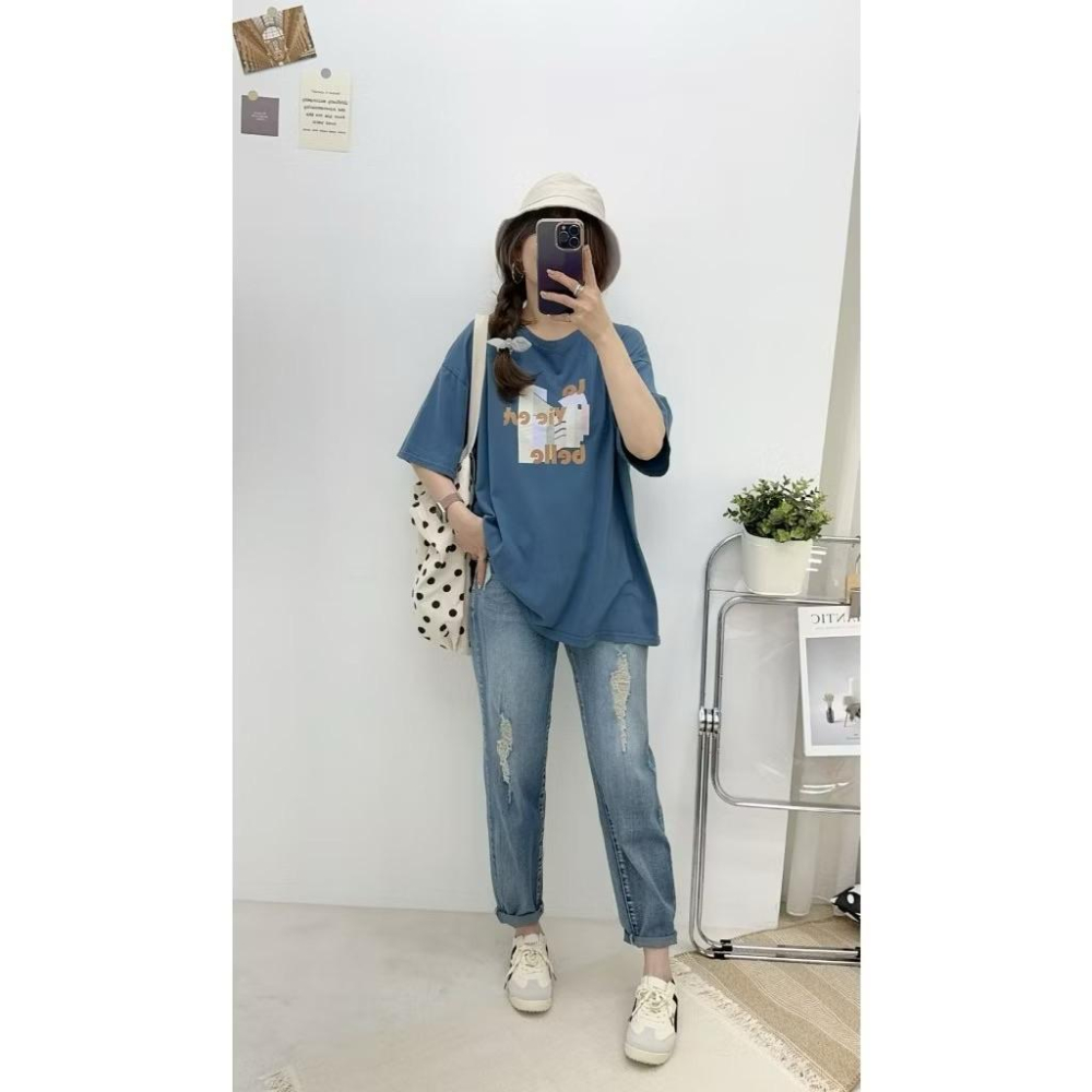 《MIKA米卡服飾》現貨 幾何圖T 長版T 韓版棉T 寬鬆舒服 短袖T恤 短袖上衣 短袖棉T 棉T 長版棉T 女裝 夏季-細節圖4