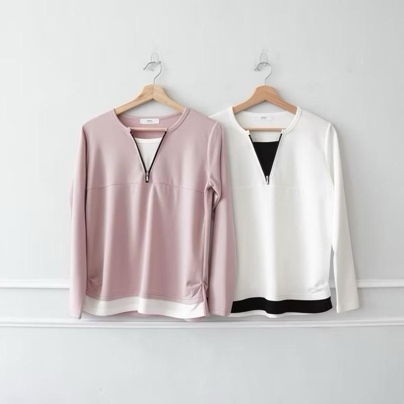 《MIKA米卡服飾》隔日到貨 素面長袖T恤 V領假兩件上衣 太空棉 棉T 假兩件 素T V領棉T 百搭棉T 超彈 女裝-細節圖2