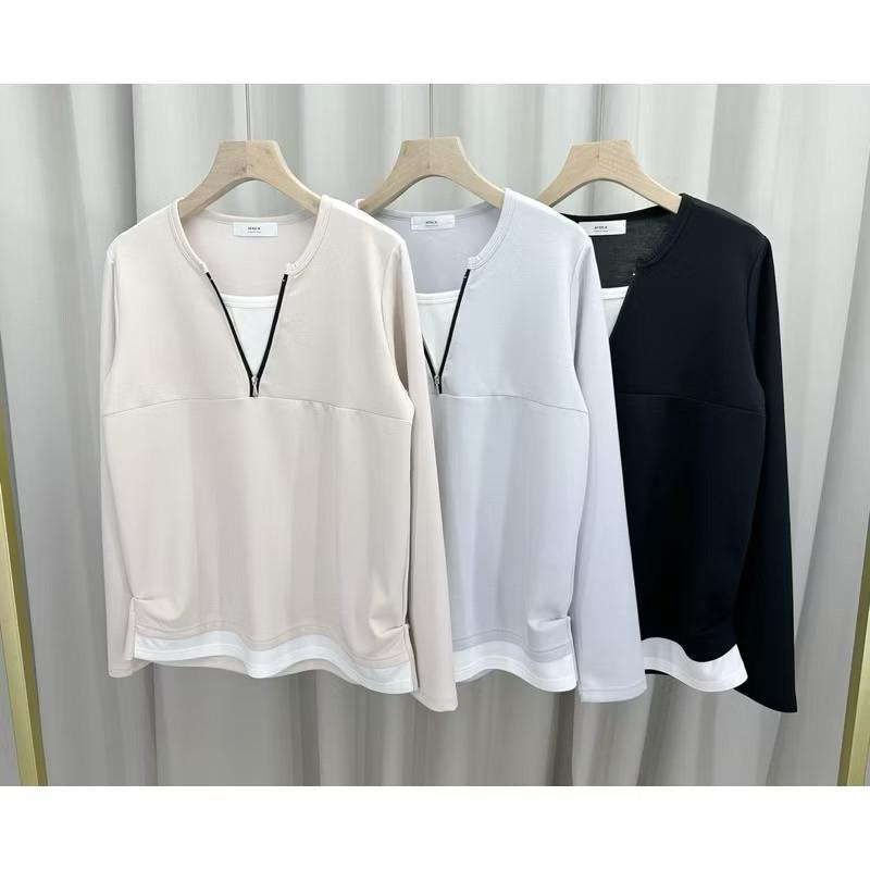 《MIKA米卡服飾》隔日到貨 素面長袖T恤 V領假兩件上衣 太空棉 棉T 假兩件 素T V領棉T 百搭棉T 超彈 女裝-細節圖3