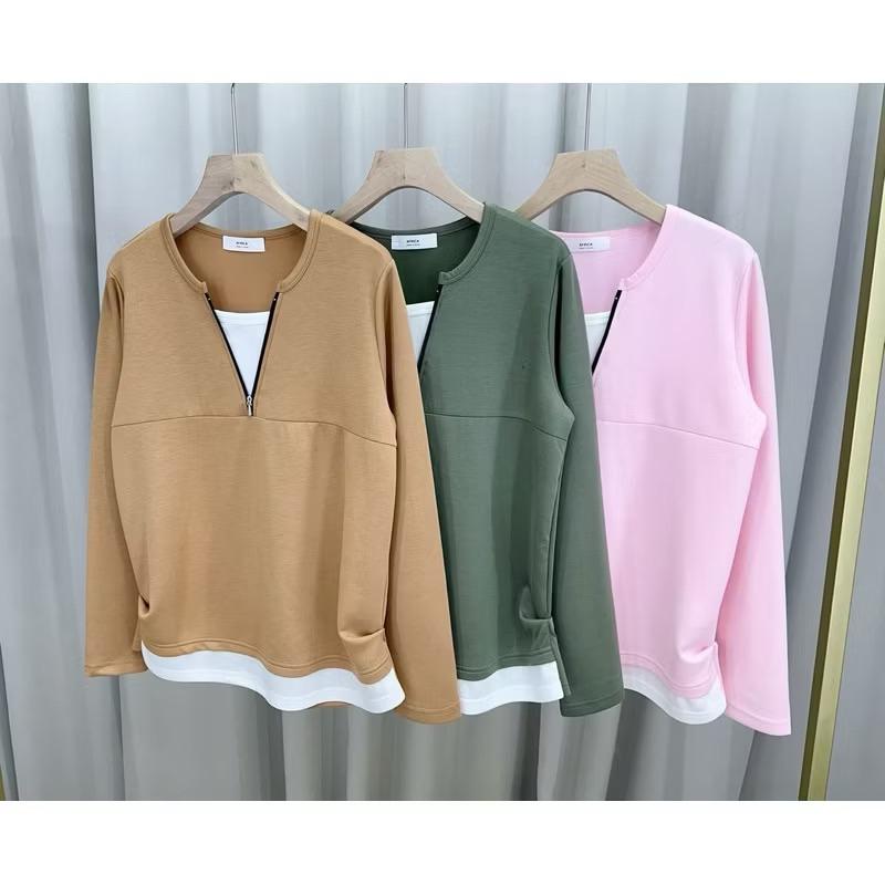 《MIKA米卡服飾》隔日到貨 素面長袖T恤 V領假兩件上衣 太空棉 棉T 假兩件 素T V領棉T 百搭棉T 超彈 女裝-細節圖4