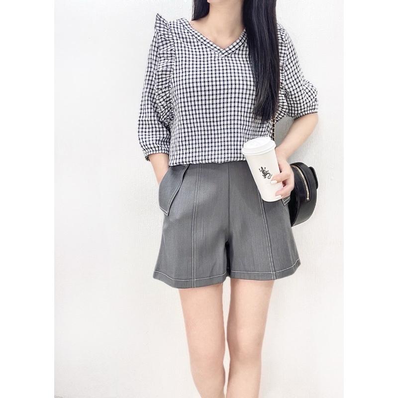 《MIKA米卡服飾》隔日到貨 棉麻格紋上衣 格紋 條紋上衣 格子上衣 格子 V領 棉T  棉麻 麻棉 日系 日系上衣-細節圖2