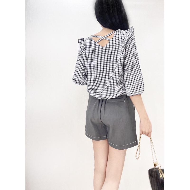 《MIKA米卡服飾》隔日到貨 棉麻格紋上衣 格紋 條紋上衣 格子上衣 格子 V領 棉T  棉麻 麻棉 日系 日系上衣-細節圖3