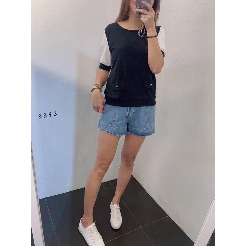 《MIKA米卡服飾》拼接雪紡袖棉T 假蓋袋棉T 素面棉T 配釦 涼感T 彈力棉T 短袖上衣 薄棉T 韓版棉T 女裝-細節圖3