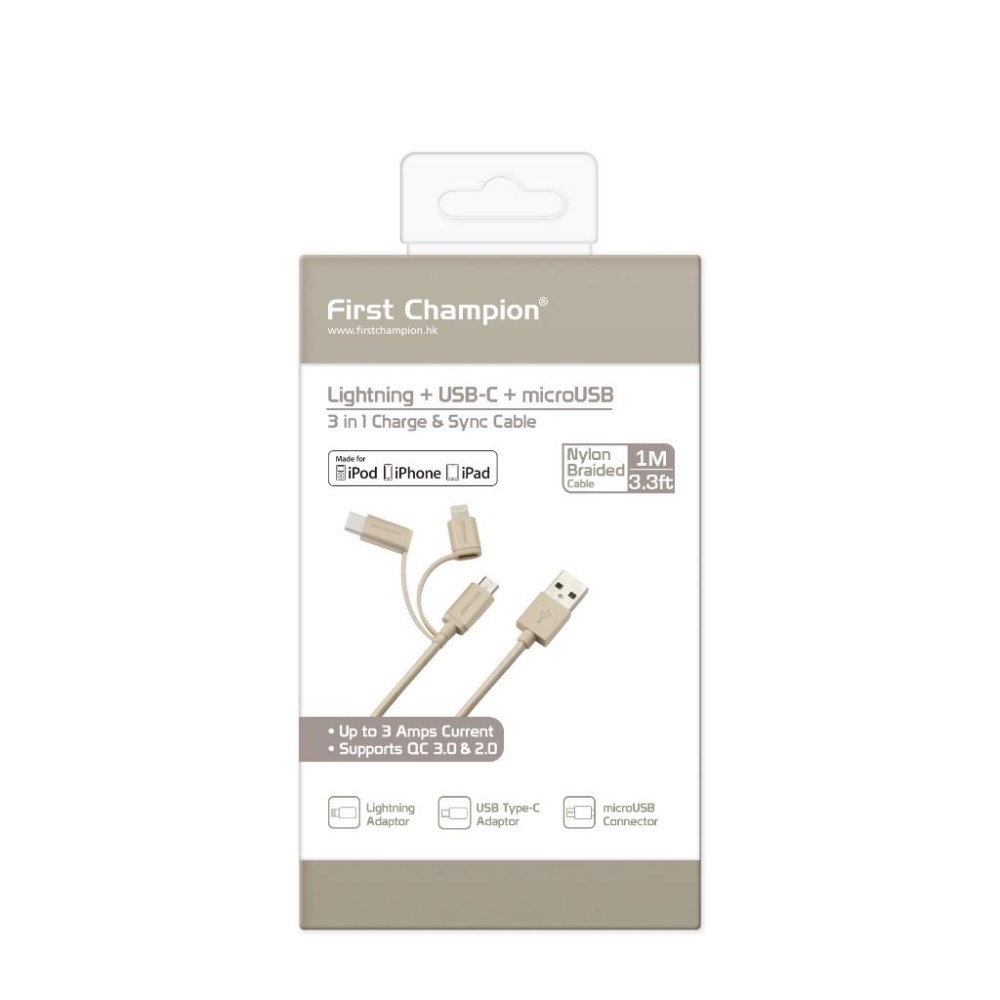 First Champion｜30cm/100cm MFi認證 尼龍編織 3合1充電傳輸線-細節圖5