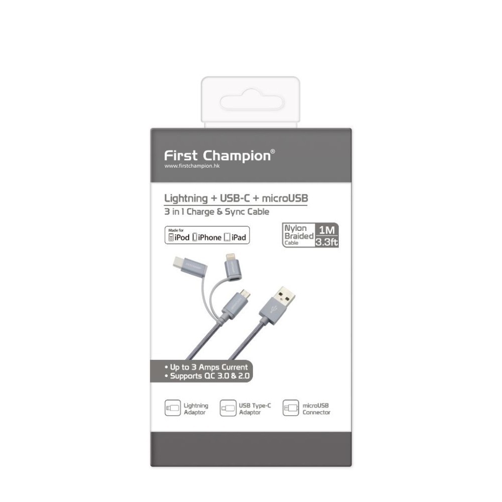 First Champion｜30cm/100cm MFi認證 尼龍編織 3合1充電傳輸線-細節圖7