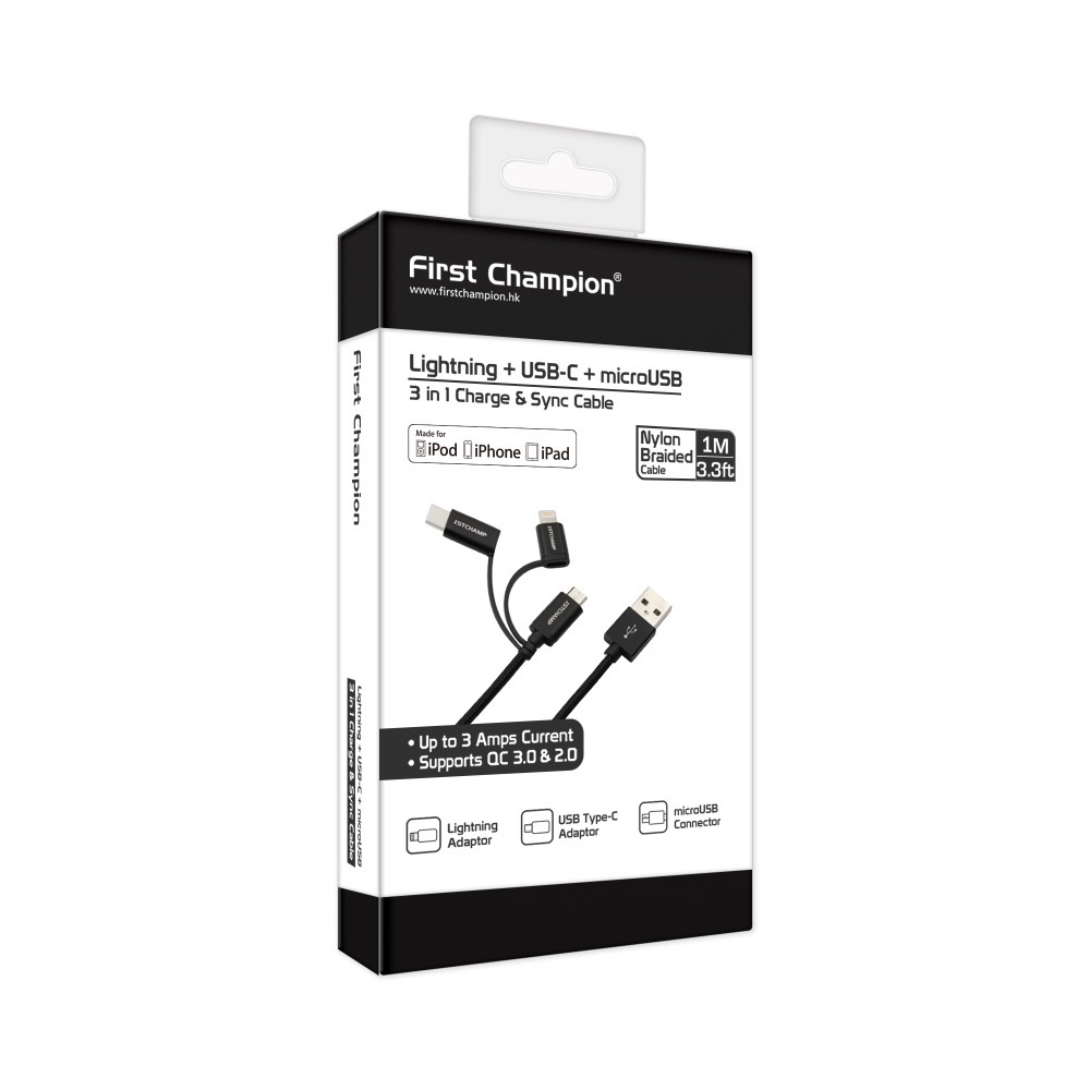 First Champion｜30cm/100cm MFi認證 尼龍編織 3合1充電傳輸線-規格圖7