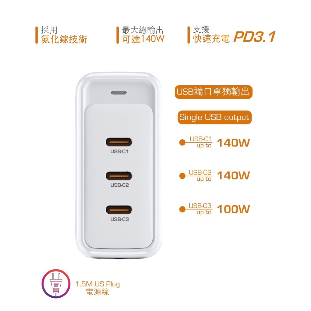 First Champion｜140W GaN氮化鎵 3C桌面充電器 PD3.1 PPS快充 內含240W充電線-細節圖3