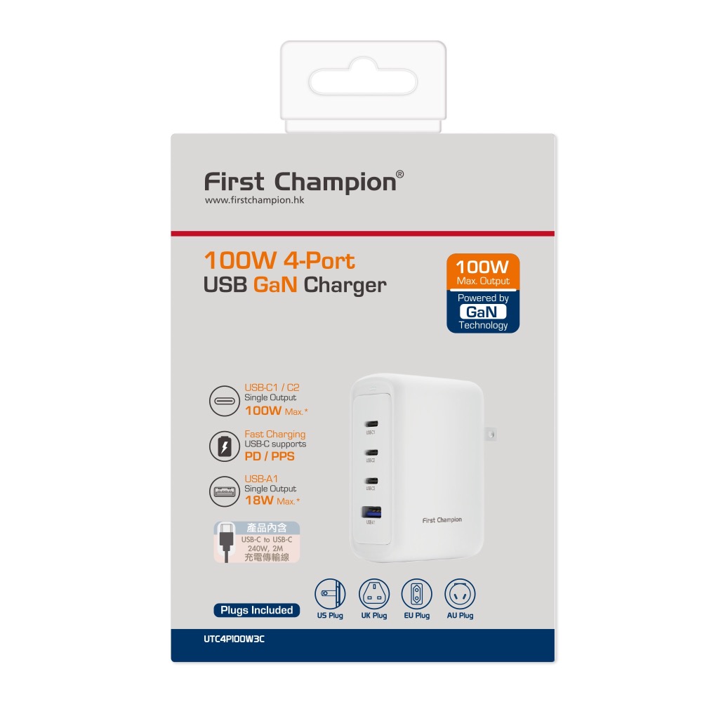 First Champion｜100W GaN氮化鎵 3C1A充電器 PD/PPS快充 內含240W充電線、國際轉接頭-細節圖4
