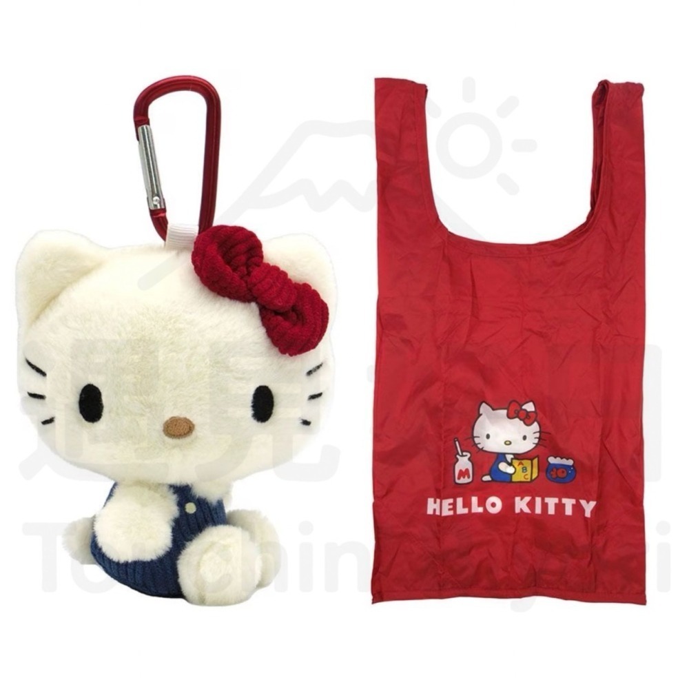 【現貨】日本 三麗鷗 Sanrio【復刻版】Hello Kitty 細植絨可收納購物袋｜登山扣吊飾-細節圖3