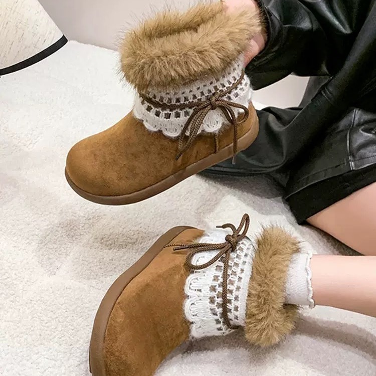 C《現貨》保暖加絨短筒雪地靴 花邊蝴蝶結可拆卸 毛毛靴 柔軟加厚雪地靴-細節圖2