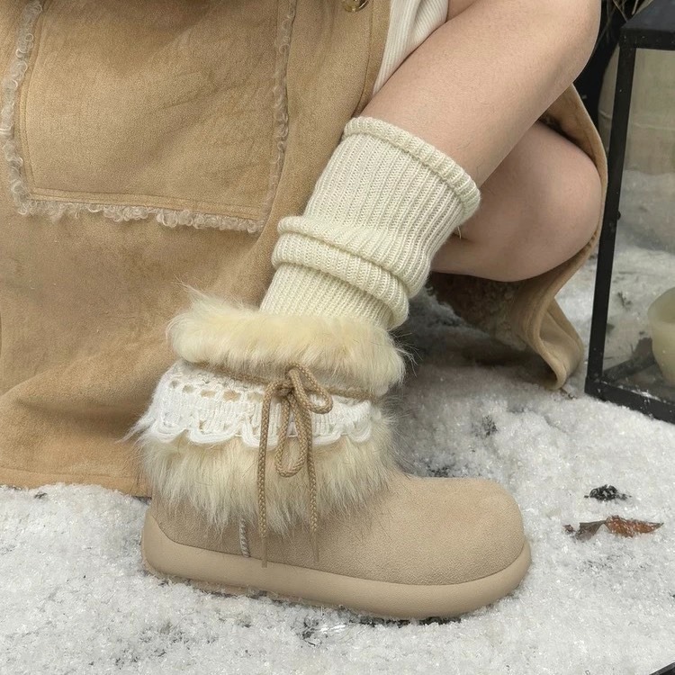 C《現貨》保暖加絨短筒雪地靴 花邊蝴蝶結可拆卸 毛毛靴 柔軟加厚雪地靴-細節圖3