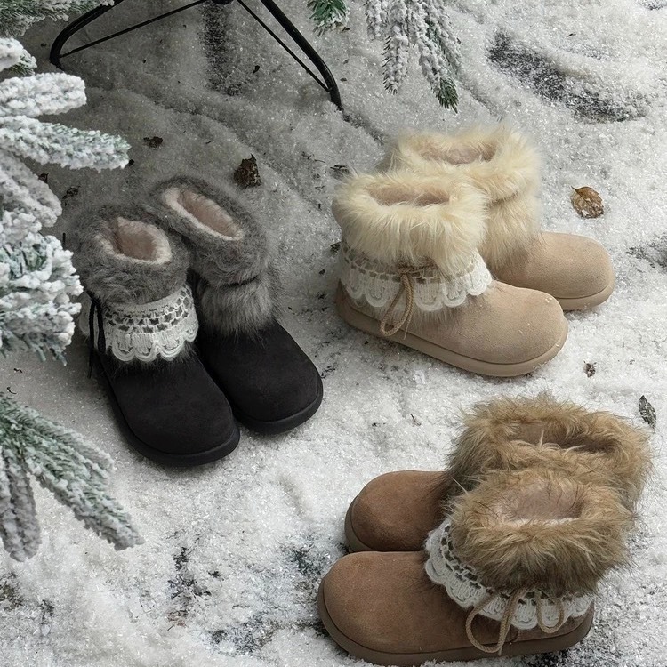 C《現貨》保暖加絨短筒雪地靴 花邊蝴蝶結可拆卸 毛毛靴 柔軟加厚雪地靴-細節圖4