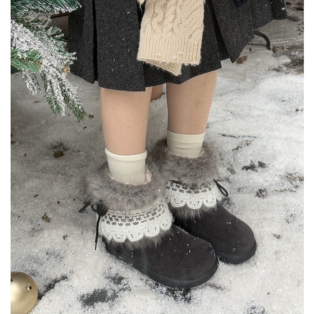 C《現貨》保暖加絨短筒雪地靴 花邊蝴蝶結可拆卸 毛毛靴 柔軟加厚雪地靴-細節圖5