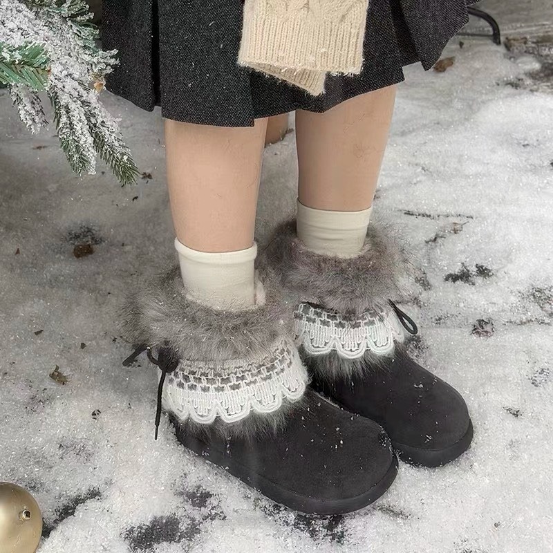 C《現貨》保暖加絨短筒雪地靴 花邊蝴蝶結可拆卸 毛毛靴 柔軟加厚雪地靴-細節圖6