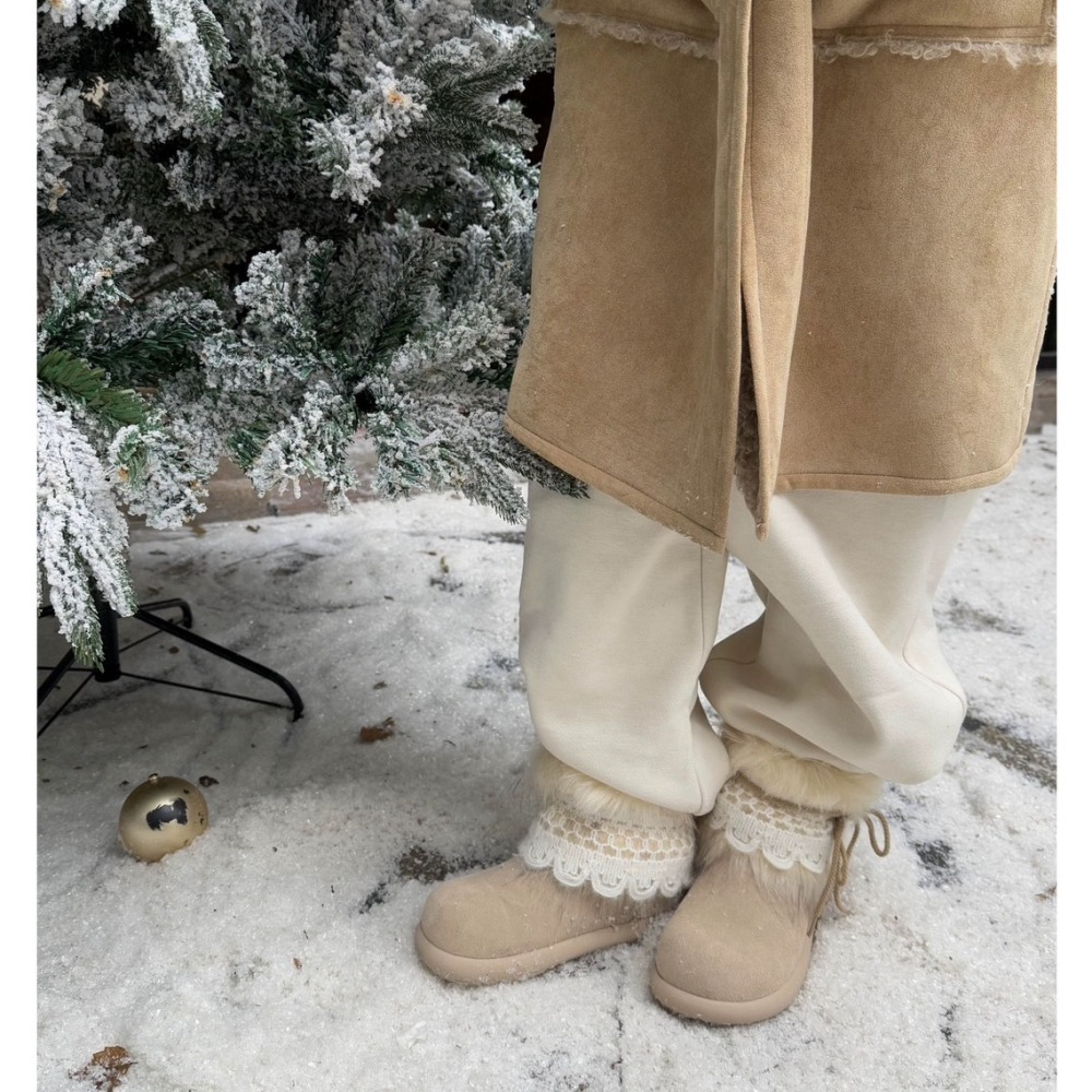 C《現貨》保暖加絨短筒雪地靴 花邊蝴蝶結可拆卸 毛毛靴 柔軟加厚雪地靴-細節圖8