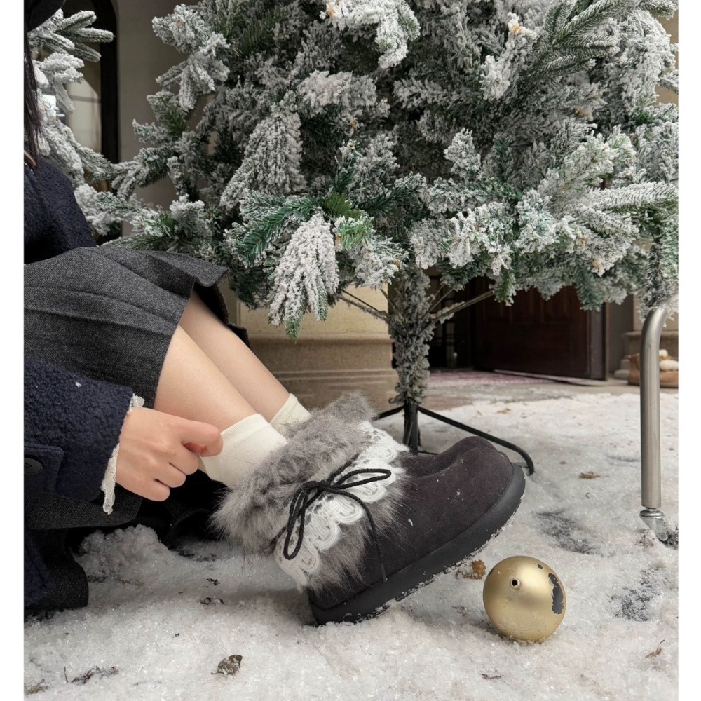 C《現貨》保暖加絨短筒雪地靴 花邊蝴蝶結可拆卸 毛毛靴 柔軟加厚雪地靴-細節圖9