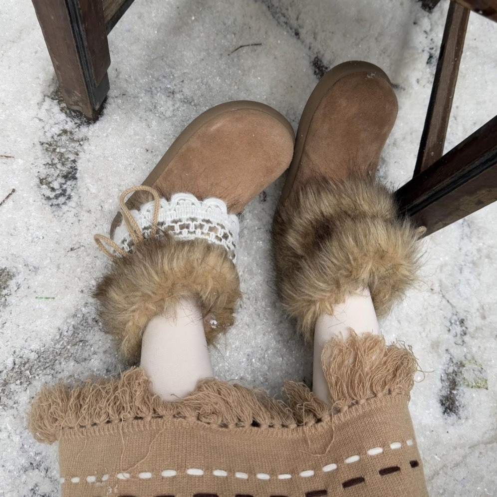 C《現貨》保暖加絨短筒雪地靴 花邊蝴蝶結可拆卸 毛毛靴 柔軟加厚雪地靴-細節圖10