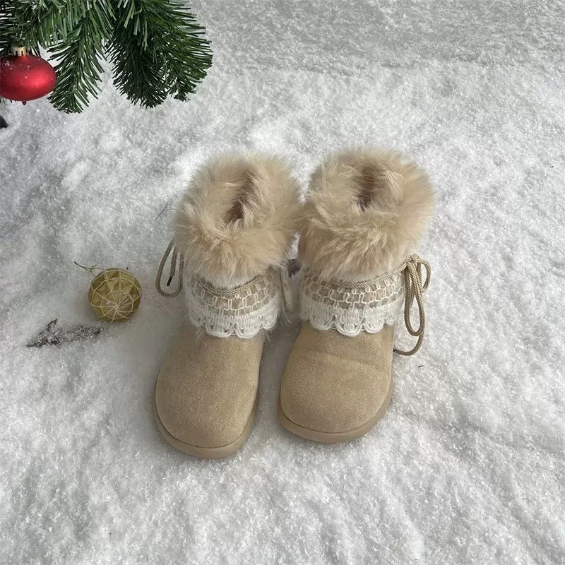 C《現貨》保暖加絨短筒雪地靴 花邊蝴蝶結可拆卸 毛毛靴 柔軟加厚雪地靴-規格圖11