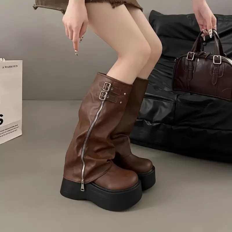 C 大頭厚底褲管靴 秋冬新款必備 增高拉鏈 鋸齒底靴 不過膝長靴騎士靴 出國必備-細節圖2