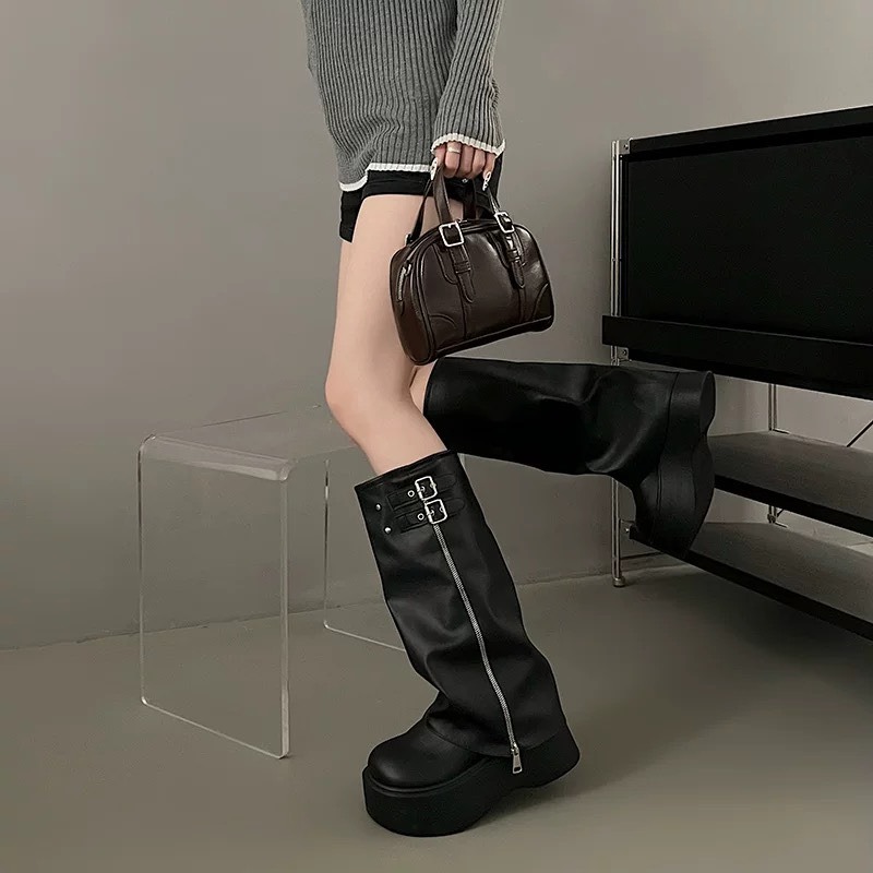 C 大頭厚底褲管靴 秋冬新款必備 增高拉鏈 鋸齒底靴 不過膝長靴騎士靴 出國必備-細節圖5